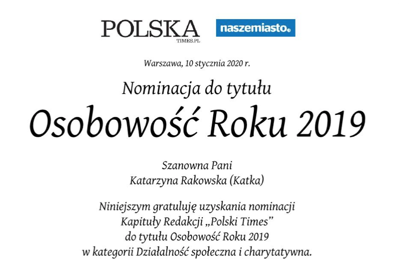 Read more about the article Kasia Rakowska z nominacją w plebiscycie „Osobowość Roku 2019” Polska Times